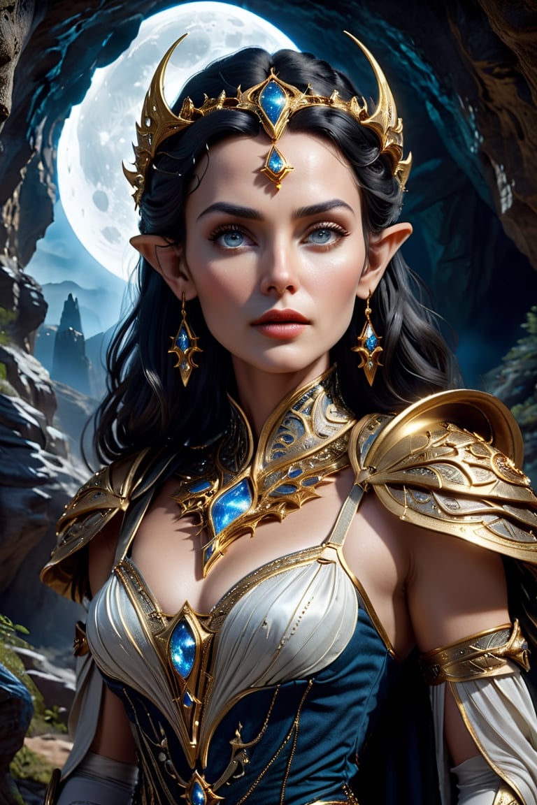 upper body shot of an elder ancient celestial elven Queen standing at the entrance of an ancient cave. 40 years old.
Wearing an intricate gold Gambeson over a translucent white gown, with raven black hair that shines like the stars, almond-shaped eyes that glimmer like the moon, petite and graceful, smooth soft pale skin, she is the master of Elemental Light and possesses the power to create new life from the very essence of the universe, perfect face, perfect blue almond shaped eyes, perfect mouth, perfect nose, unreal engine 5, by luis royo, by Alphonse Mucha, high detailed face, looking at the camera, Sci-Fi, futuristic, highly detailed, octane render, cinematic, oil painting, heavy strokes, paint dripping, by aruffo3,Renaissance Sci-Fi Fantasy