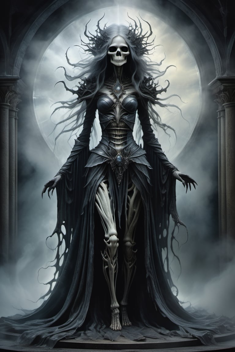 wraith mother of death, swirling mist surrounding her, dark fantasy, Grotesque, dark skeletal figure, skeletal face, skeletal claws, sunken eyes, torn rags, undead, by Brian Froud, Luis Royo, Alan Lee, Alex Gray, perfect composition, approaching perfection, perfect symmetry, divine ratio, concept art, digital painting, ethereal, demonic backlight, 3d render, realistic, octane render, 4k, close up, extremely detailed, cinematic, 50mm, trending on artstation, sharp focus, studio photo, intricate details, highly detailed, kids storybook style, muted colors, watercolor style, by aruffo3