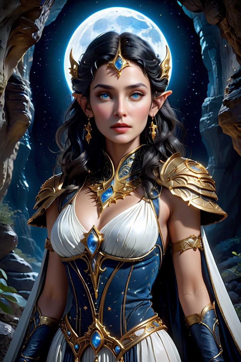 upper body shot of a celestial elven Queen standing at the entrance of an ancient cave.
Wearing an intricate gold Gambeson over a translucent white gown, with raven black hair that shines like the stars, almond-shaped eyes that glimmer like the moon, petite and graceful, smooth soft pale skin, she is the master of Elemental Light and possesses the power to create new life from the very essence of the universe, perfect face, perfect blue almond shaped eyes, perfect mouth, perfect nose, unreal engine 5, by luis royo, by Alphonse Mucha, high detailed face, looking at the camera, Sci-Fi, futuristic, highly detailed, octane render, cinematic, oil painting, heavy strokes, paint dripping, by aruffo3,Renaissance Sci-Fi Fantasy