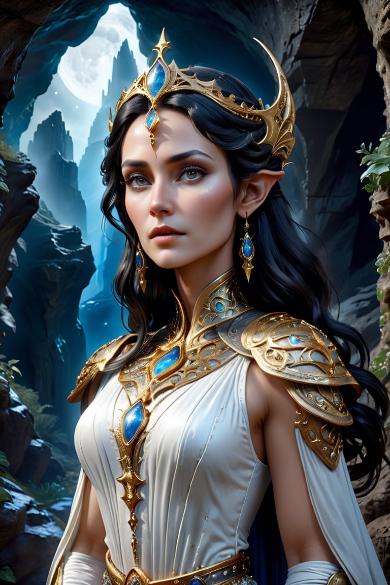 upper body shot of an elder ancient celestial elven Queen standing at the entrance of an ancient cave. 40 year old woman. Wise, intelligent, strong.
Wearing an intricate gold Gambeson over a translucent white gown, with raven black hair that shines like the stars, perfect blue almond-shaped eyes, petite and graceful, smooth soft pale skin, she is the master of Light and essence in the universe, unreal engine 5, by luis royo, by Alphonse Mucha, high detailed face, looking at the camera, Sci-Fi, futuristic, highly detailed, octane render, cinematic, oil painting, heavy strokes, paint dripping, by aruffo3,Renaissance Sci-Fi Fantasy