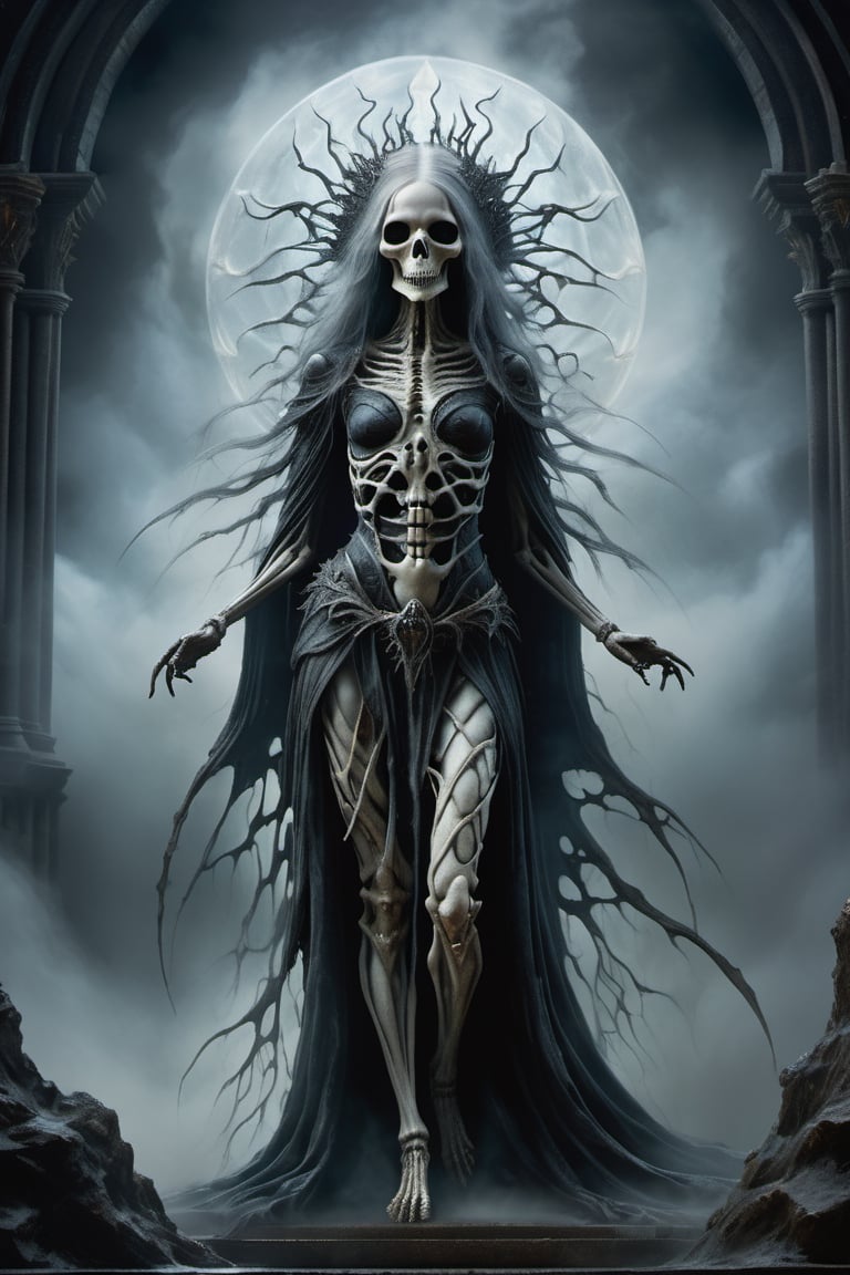 wraith mother of death, swirling mist surrounding her, dark fantasy, Grotesque, dark skeletal figure, skeletal face, skeletal claws, sunken eyes, torn rags, undead, by Brian Froud, Luis Royo, Alan Lee, Ivan Albright, perfect composition, approaching perfection, perfect symmetry, divine ratio, concept art, digital painting, ethereal, demonic backlight, 3d render, realistic, octane render, 4k, close up, extremely detailed, cinematic, 50mm, trending on artstation, sharp focus, studio photo, intricate details, highly detailed, kids storybook style, muted colors, watercolor style, by aruffo3