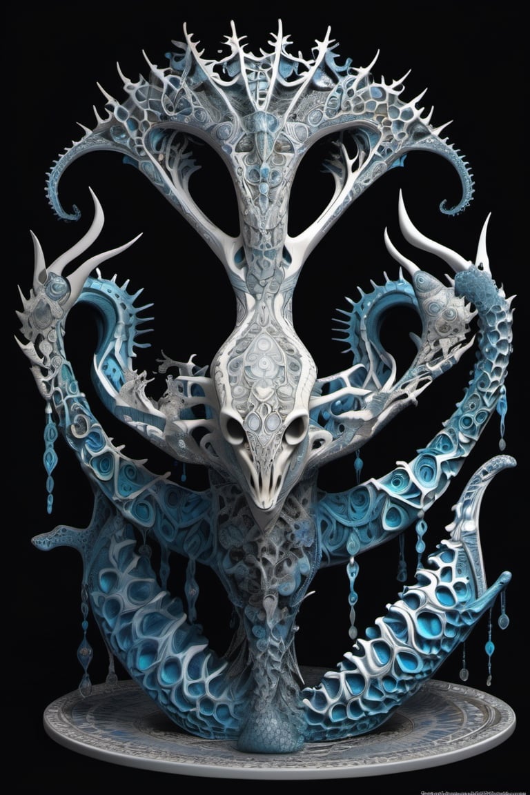 illustration on black background. fractal bone carving, water creature figurine, with dynamic and vibrant designs, edgy and modern, layering, deep shadows, intricate detailed, blues, grays, teals, trending on artstation, sharp focus, studio photo, intricate details, highly detailed, trending on artstation, sharp focus, studio photo, intricate details, highly detailed, by aruffo3