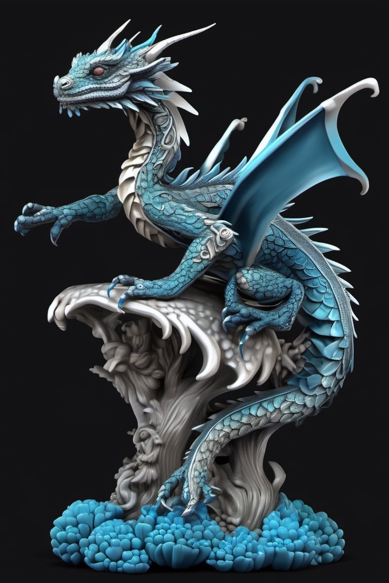 illustration on black background. water dragon figurine with dynamic, complex and vibrant details, fractal bone carving, edgy and modern, layering, deep shadows, intricate detail, silvers, blues, grays, teals, trending on artstation, sharp focus, studio photo, intricate details, highly detailed, trending on artstation, sharp focus, studio photo, intricate details, highly detailed, symmetry, by aruffo3