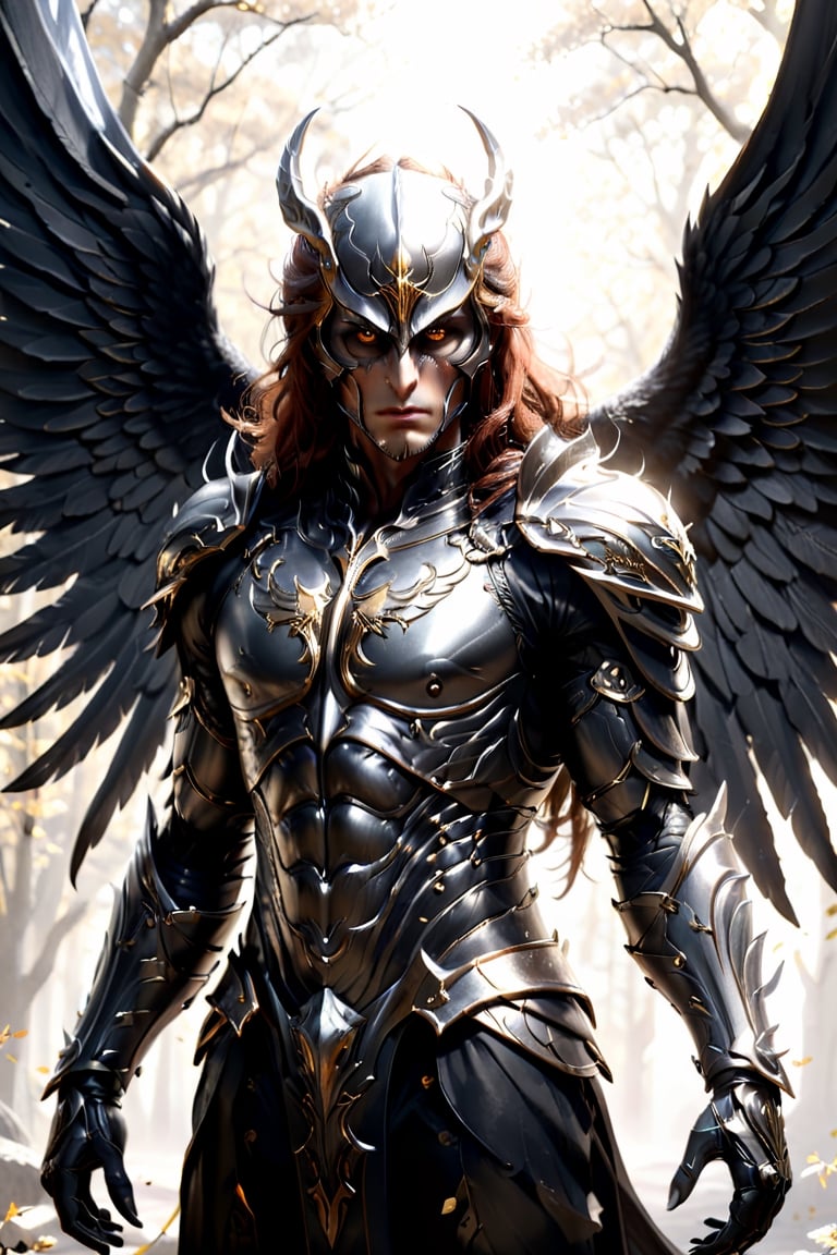 frightening demon warrior, horror, perfect taloned hands, auburn hair, perfect silver eyes, symmetry, perfect wing placement, perfect large black raven wings, finely detailed silver armor, full helmet with a closed full face visor, intricate filigree gold metal design, black leather Gambeson, golden ratio, brown, red, gold, cinematic lighting, hyper detailed 8k, unreal engine, octane render, trending on artstation, black and white, comic style