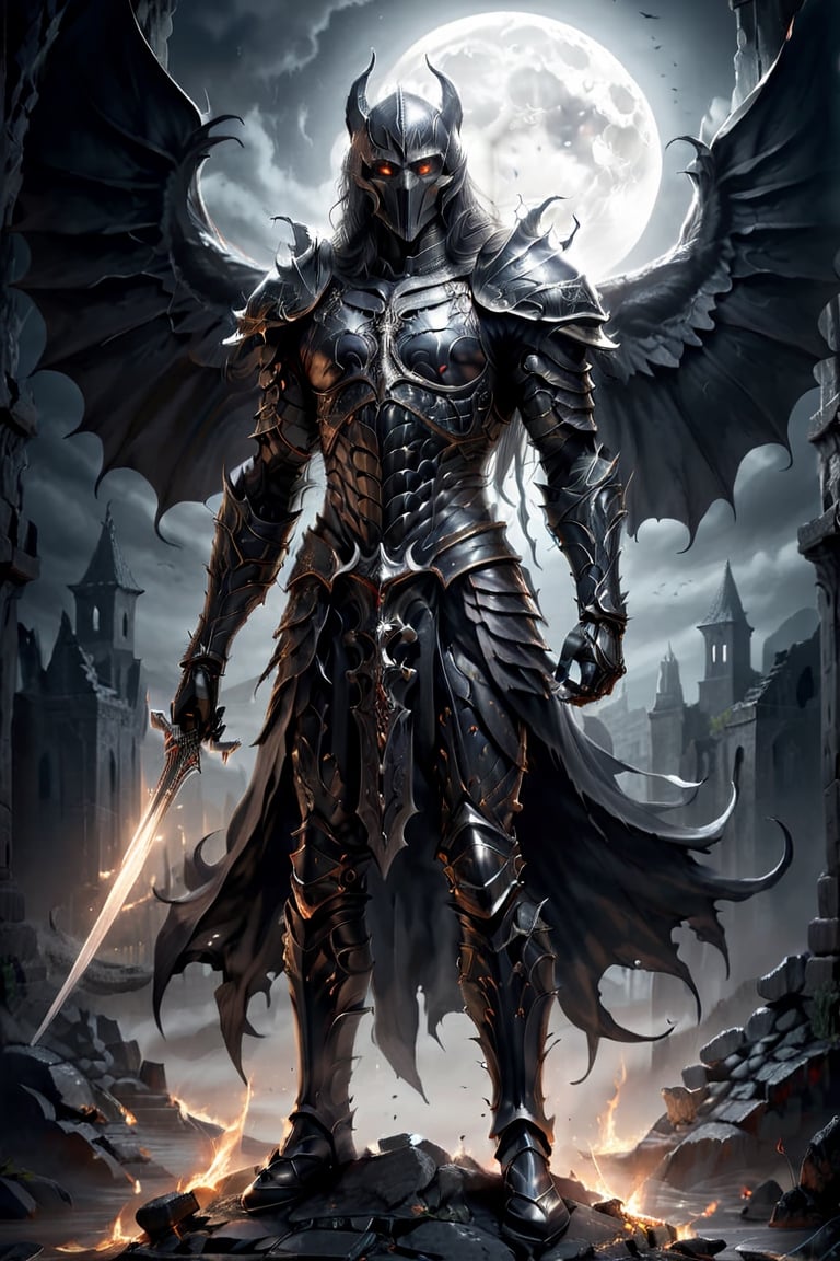 highly detailed portrait, aggressive posture, malevolent, ethereal, Demonic Warrior Knight, symmetry, no eyes, intricately detailed black plate armor over black gambeson and breeches, directed moonlight, natural lighting on right, accent lighting on right, ancient ruins in background, by H. P. Lovecraft, H. R. Giger, black and white, comic style,AngelicStyle