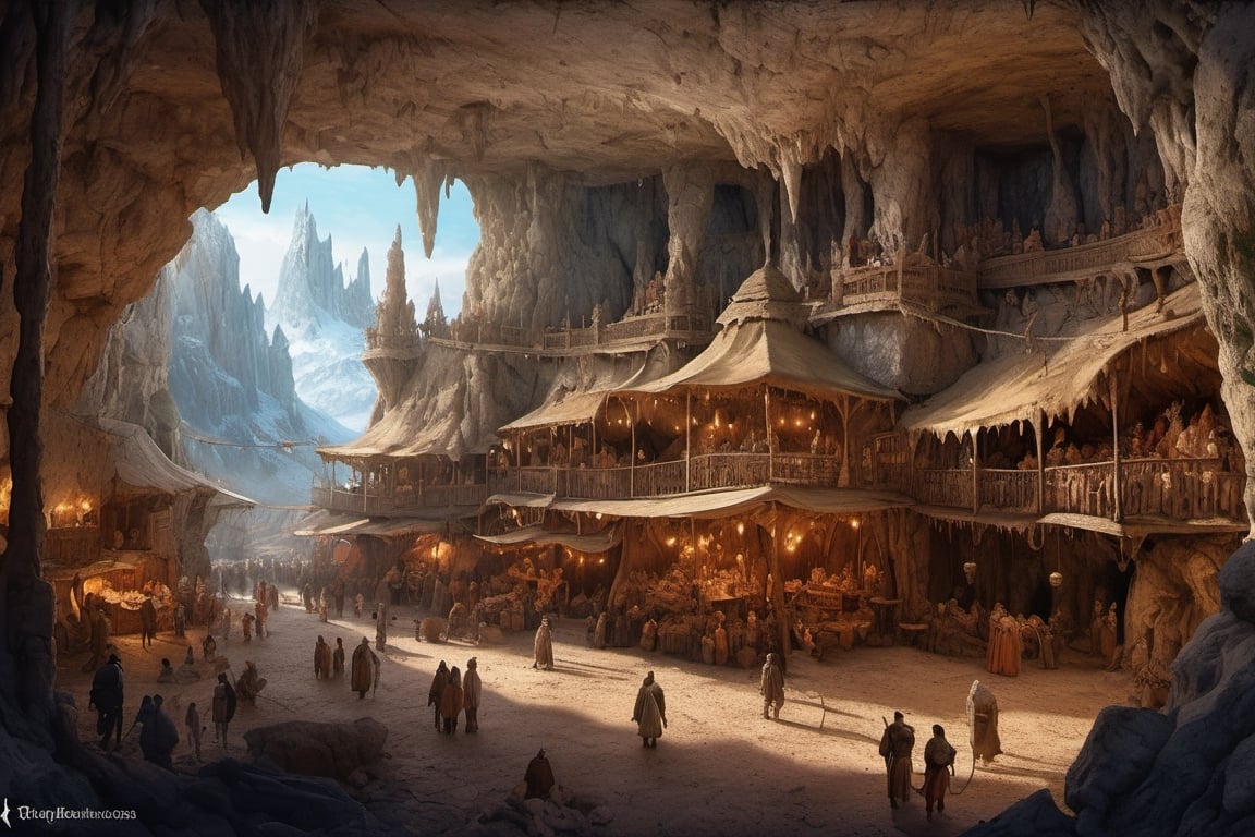 wide angle view of a bustling fantasy market square in a large cavern by jeff darrow and moebius, earth and pastel colors, dramatic perspective, highly detailed, ultra realistic, masterpiece, 4 k, 8 k, in the style of Tolkiens middle earth, highly detailed, photorealistic, digital art, matte painting, hd illustration, trending on artstation, by aruffo3