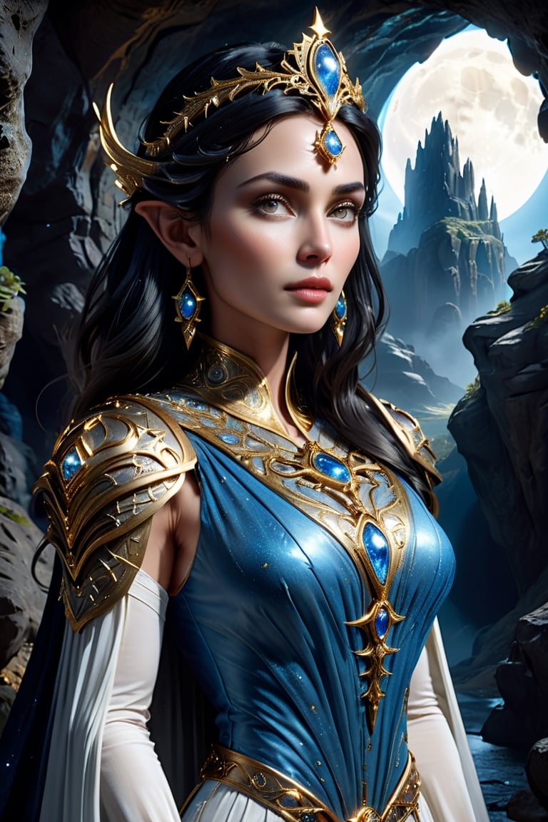 upper body shot of an elder ancient celestial elven Queen standing at the entrance of an ancient cave.
Wearing an intricate gold Gambeson over a translucent white gown, with raven black hair that shines like the stars, almond-shaped eyes that glimmer like the moon, petite and graceful, smooth soft pale skin, she is the master of Elemental Light and possesses the power to create new life from the very essence of the universe, perfect face, perfect blue almond shaped eyes, perfect mouth, perfect nose, unreal engine 5, by luis royo, by Alphonse Mucha, high detailed face, looking at the camera, Sci-Fi, futuristic, highly detailed, octane render, cinematic, oil painting, heavy strokes, paint dripping, by aruffo3,Renaissance Sci-Fi Fantasy