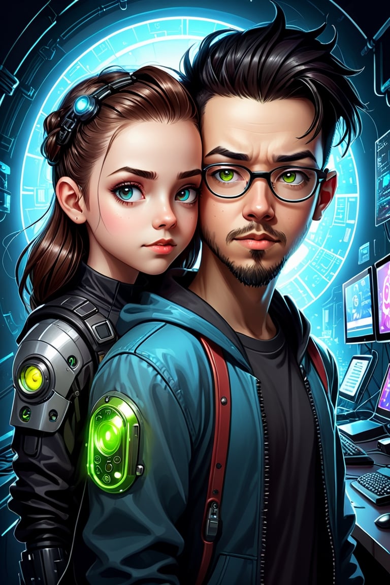 geek techie teenage girl and a cyberpunk gamer teenage boy. by Alexander Jansson and Mike Shinoda, divine ratio, symmetry, clear skin, perfect eyes, perfect faces, 8k, fantasy art, by aruffo3,vector art illustration