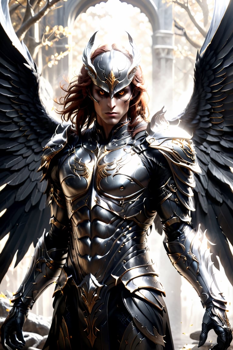 frightening demon warrior, horror, perfect taloned hands, auburn hair, perfect silver eyes, symmetry, perfect wing placement, perfect large black raven wings, finely detailed silver armor, full helmet with a closed full face visor, intricate filigree gold metal design, black leather Gambeson, golden ratio, brown, red, gold, cinematic lighting, hyper detailed 8k, unreal engine, octane render, trending on artstation, black and white, comic style