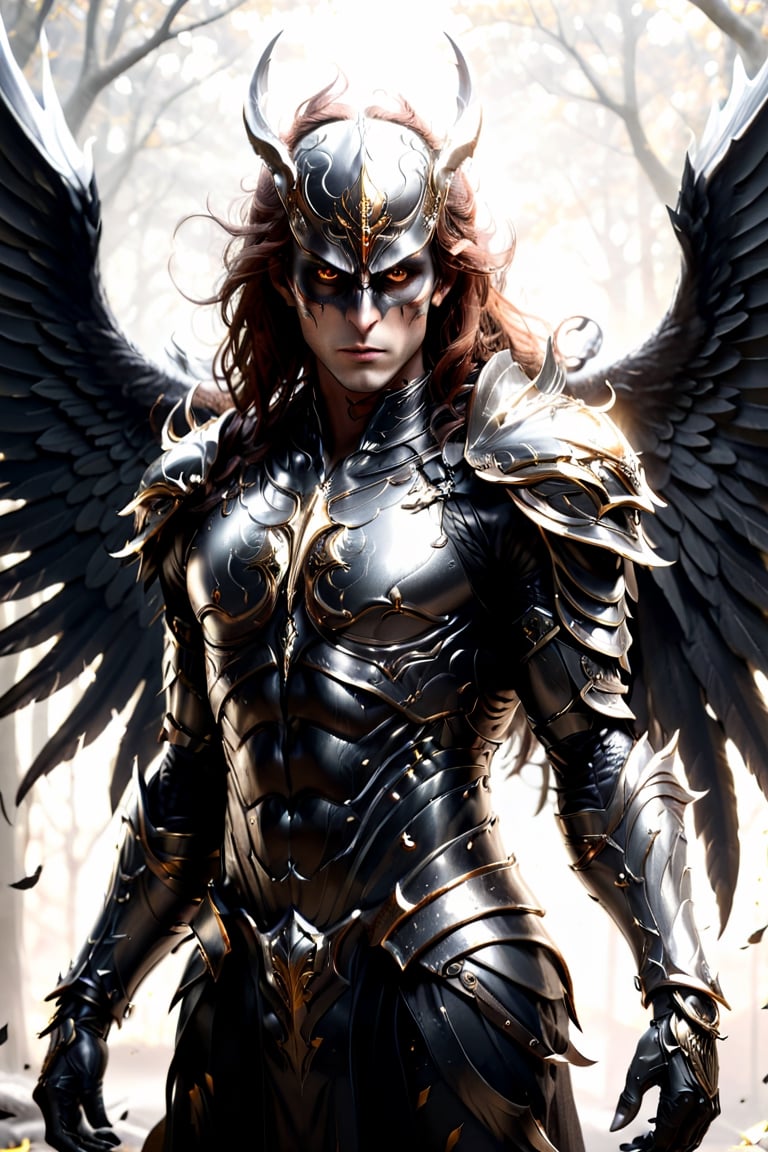 blkmndy, frightening demon warrior, horror, perfect taloned hands, auburn hair, perfect silver eyes, symmetry, perfect wing placement, perfect large black raven wings, finely detailed silver armor, full helmet with a closed full face visor, intricate filigree gold metal design, black leather Gambeson, golden ratio, brown, red, gold, cinematic lighting, hyper detailed 8k, unreal engine, octane render, trending on artstation, black and white, comic style