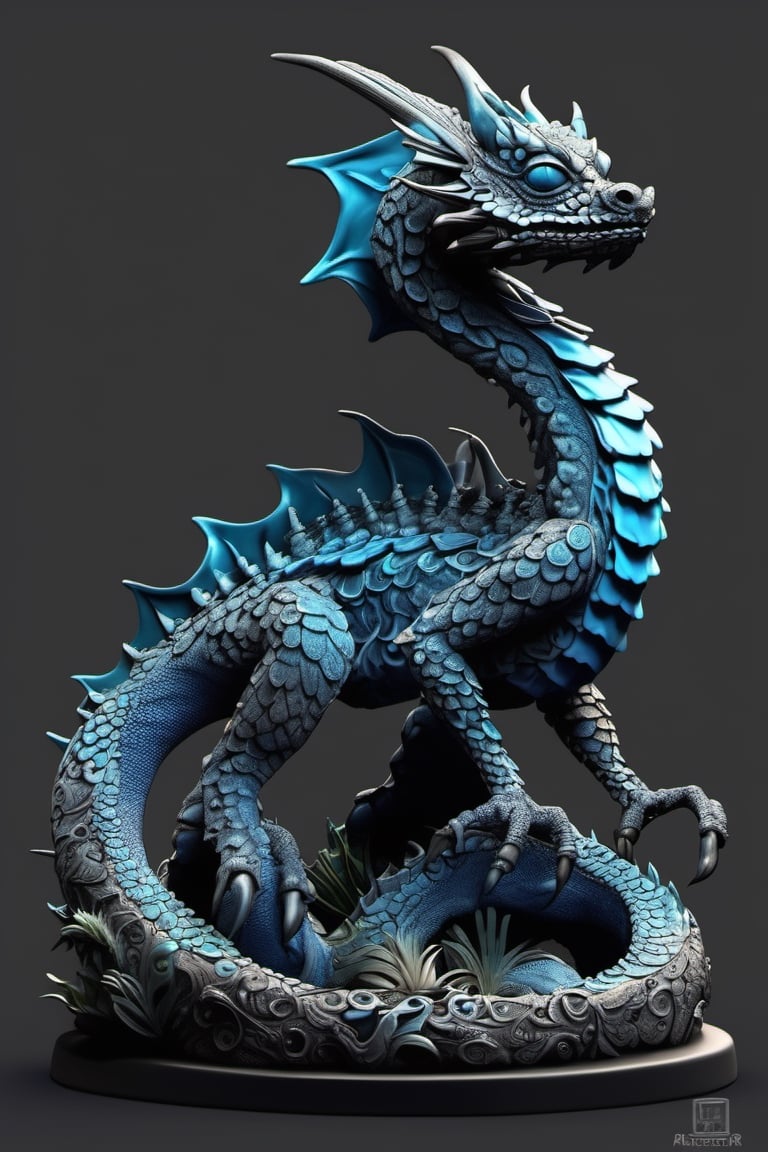 illustration on black background. water dragon figurine with dynamic, complex and vibrant details, fractal bone carving, edgy and modern, layering, deep shadows, chiaroscuro, intricate detail, silvers, blues, grays, teals, trending on artstation, sharp focus, studio photo, intricate details, highly detailed, trending on artstation, sharp focus, studio photo, intricate details, highly detailed, symmetry, by aruffo3