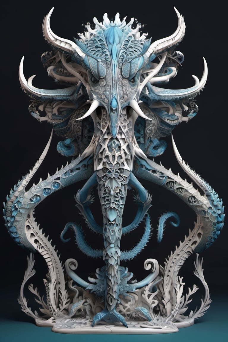 illustration on black background. water creature figurine with dynamic, complex and vibrant details, fractal bone carving, edgy and modern, layering, deep shadows, intricate detail, silvers, blues, grays, teals, trending on artstation, sharp focus, studio photo, intricate details, highly detailed, trending on artstation, sharp focus, studio photo, intricate details, highly detailed, symmetry, by aruffo3