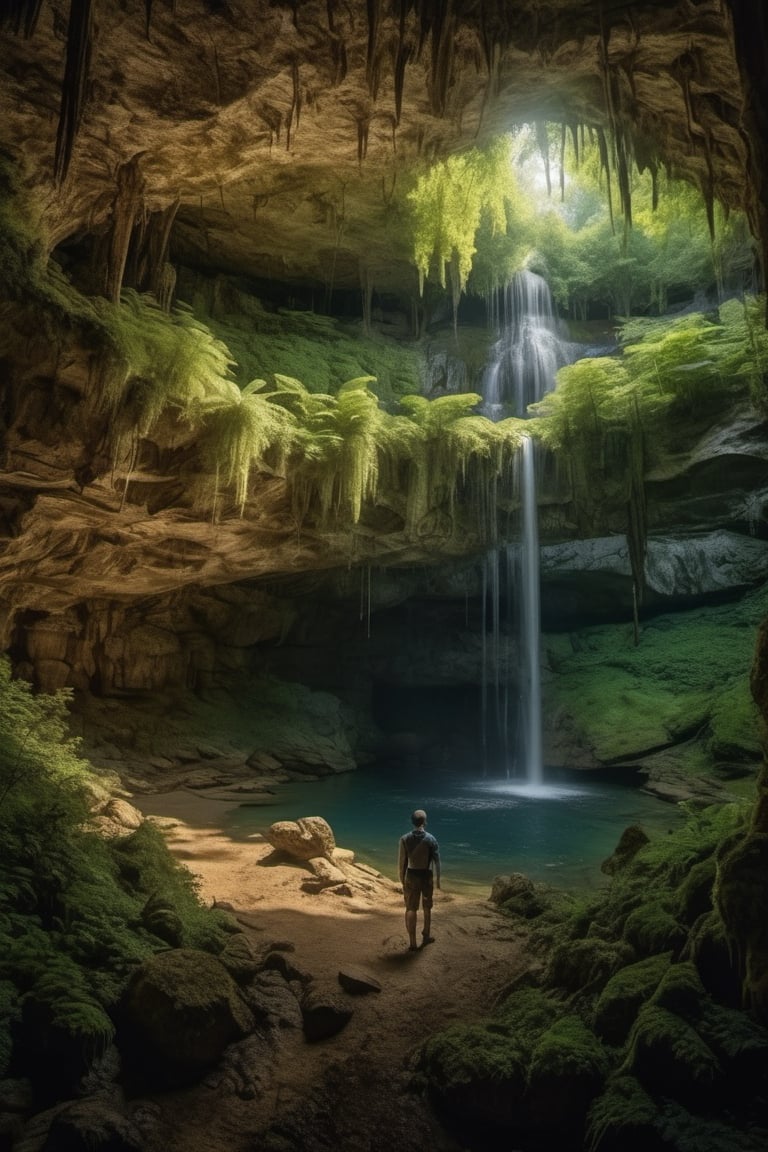 A cave explorer stands amidst a lush forest. Sun rays filter through the trees, casting shadows on the leaf-covered ground. A winding trail leads deep into the cave, surrounded by majestic stone carvings. Above, a magnificent waterfall adds serenity to the scene. Curious wildlife animates the surroundings. The image captures the excitement and beauty of wilderness, inviting viewers to embark on an adventure in nature's embrace, 8k, RAW photo, best quality, masterpiece, realistic, photo-realistic, professional lighting, photon mapping, physically-based rendering, detailed background, absurdres, hdr, muted colors, dramatic, complex background, cinematic, filmic, artstation, soaking wet, Paolo Puggioni and Anna Dittmann style. by aruffo3