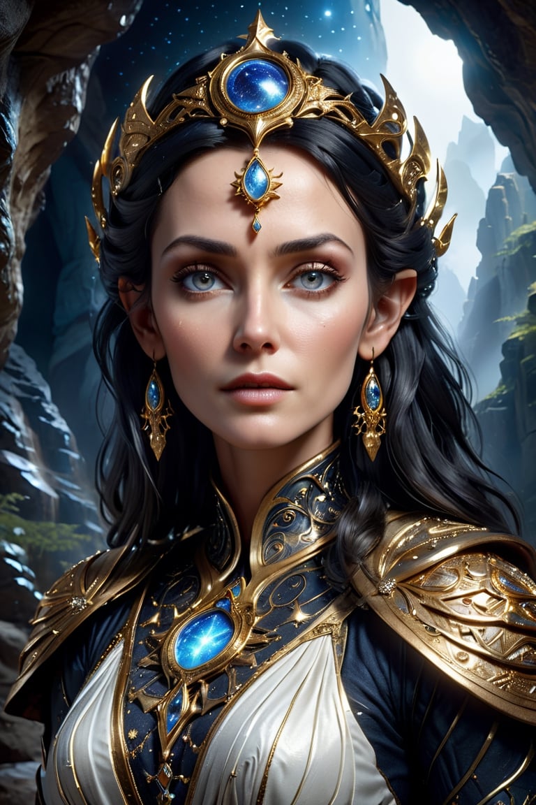 upper body shot of an elder ancient celestial elven Queen standing at the entrance of an ancient cave. 40 year old woman. Wise, intelligent, strong.
Wearing an intricate gold Gambeson over a translucent white gown, with raven black hair that shines like the stars, perfect blue almond-shaped eyes, petite and graceful, smooth soft pale skin, she is the master of Light and essence in the universe, unreal engine 5, by luis royo, by Alphonse Mucha, high detailed face, looking at the camera, Sci-Fi, futuristic, highly detailed, octane render, cinematic, oil painting, heavy strokes, paint dripping, by aruffo3,Renaissance Sci-Fi Fantasy