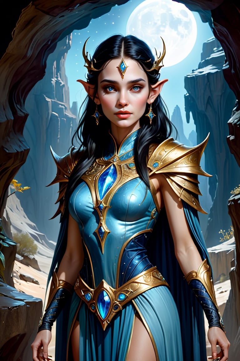 full body shot of a celestial elven Queen standing at the entrance of an ancient cave.
intricate gold Gambeson, with raven black hair that shines like the stars, almond-shaped eyes that glimmer like the moon, petite and graceful, smooth soft pale skin, she is the master of Elemental Light and possesses the power to create new life from the very essence of the universe, perfect face, perfect blue almond shaped eyes, perfect mouth, perfect nose, unreal engine 5, by luis royo, by Alphonse Mucha, high detailed face, looking at the camera, Sci-Fi, futuristic, highly detailed, octane render, cinematic, oil painting, heavy strokes, paint dripping, by aruffo3