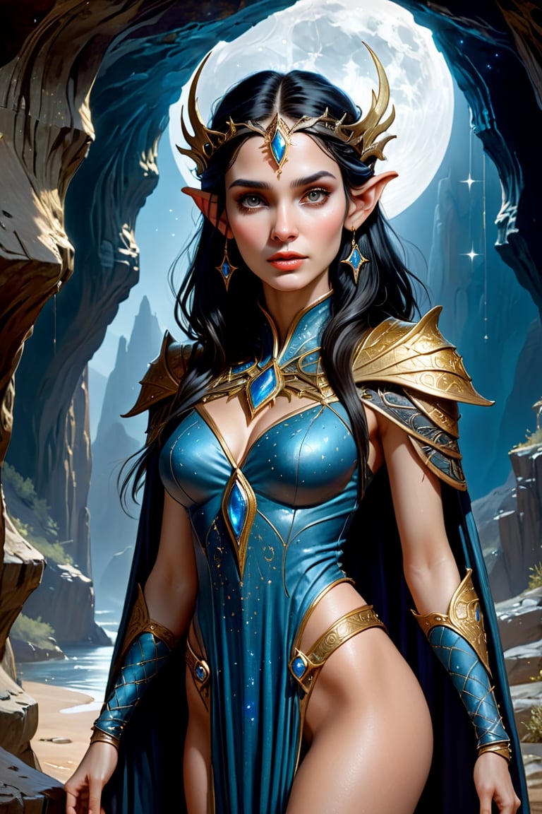 full body shot of a celestial elven Queen standing at the entrance of an ancient cave.
intricate gold Gambeson, with raven black hair that shines like the stars, almond-shaped eyes that glimmer like the moon, petite and graceful, smooth soft pale skin, she is the master of Elemental Light and possesses the power to create new life from the very essence of the universe, perfect face, perfect blue almond shaped eyes, perfect mouth, perfect nose, unreal engine 5, by luis royo, by Alphonse Mucha, high detailed face, looking at the camera, Sci-Fi, futuristic, highly detailed, octane render, cinematic, oil painting, heavy strokes, paint dripping, by aruffo3
