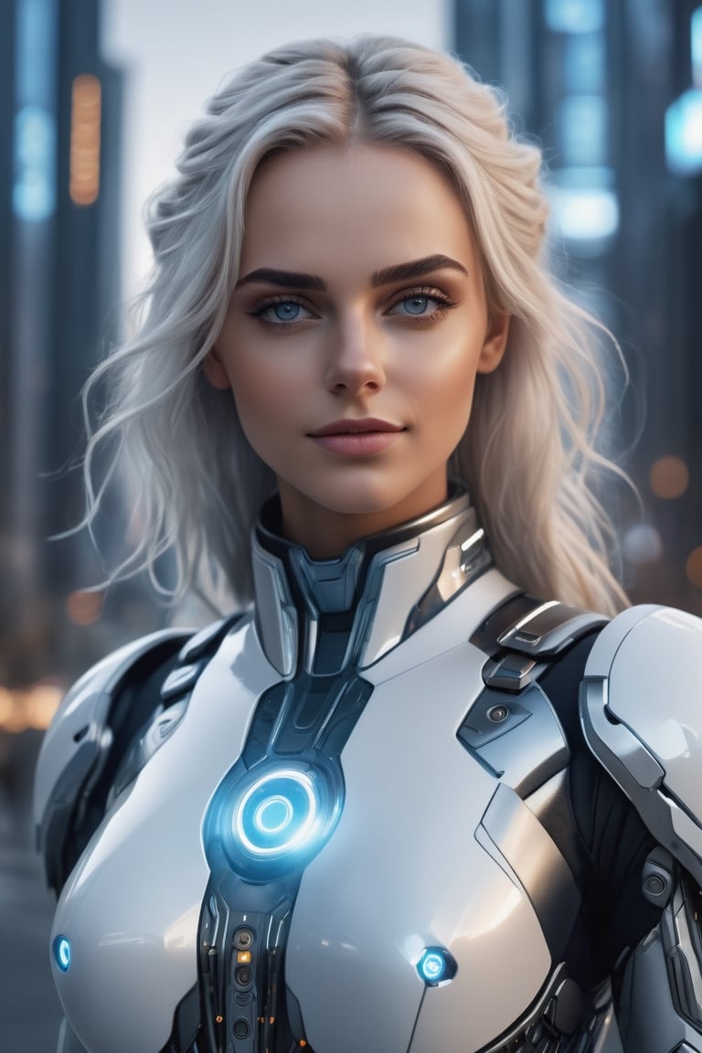 photography, front view of a woman as cyborg, in a high-tech suit, she looks towards the camera, walking towards a city, 
beautiful woman portrait: 8k resolution photorealistic masterpiece: 8k resolution concept art intricately detailed, 1girl, 25 years old, stunning beautiful face, genuin smilelovely face,
long white_hair, young, future city at night background, intricate, sharp focus,  professional, unreal engine, extremly detailed, cinematic lighting, aesthetic, Detailedface, 
