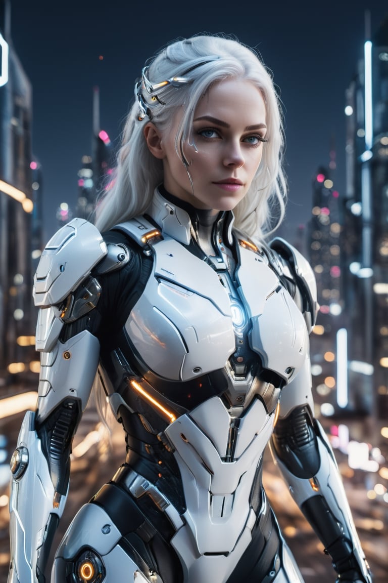photography, front view of a woman as cyborg, in a high-tech suit, she looks towards the camera, walking towards a city, long white_hair, young, future city at night background, intricate, sharp focus,  professional, unreal engine, extremly detailed, cinematic lighting, aesthetic, Detailedface, 