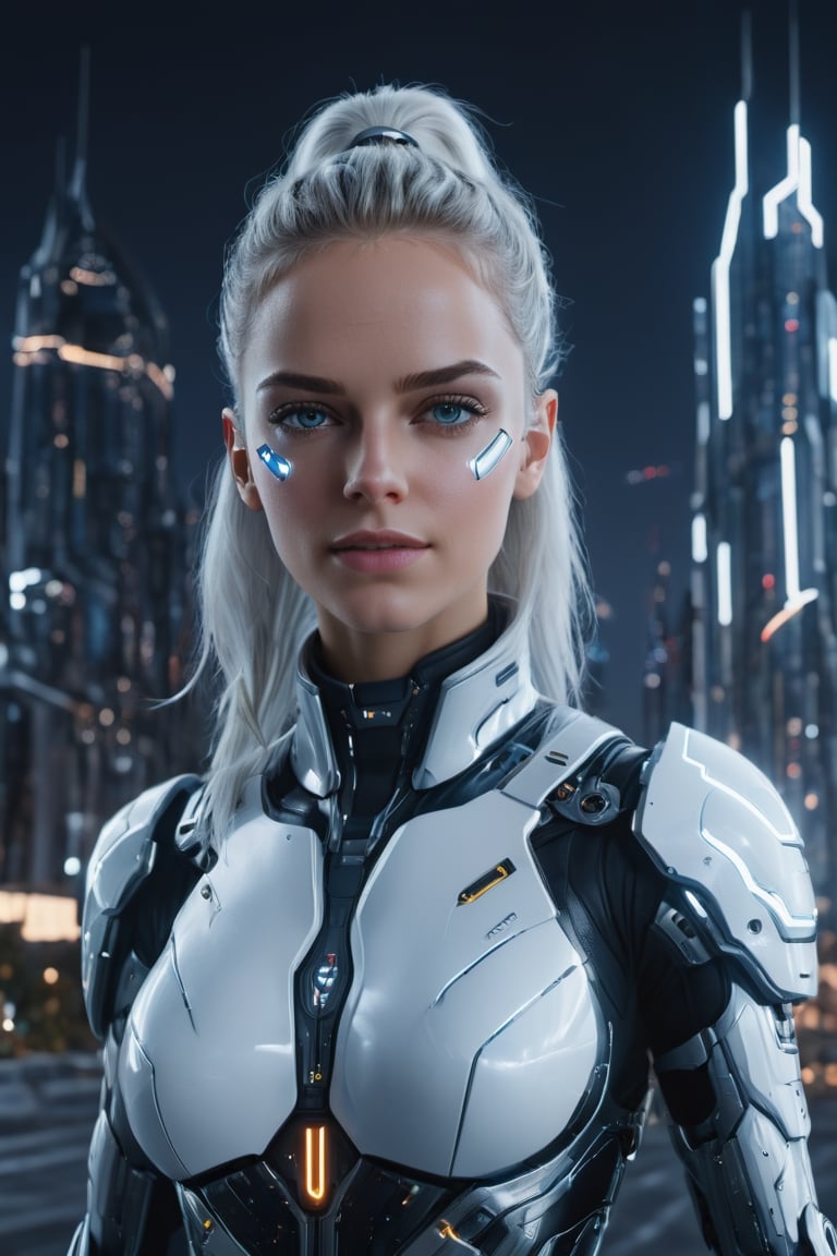 photography, front view of a woman as cyborg, in a high-tech suit, she looks towards the camera, walking towards a city, 
beautiful woman portrait: 8k resolution photorealistic masterpiece: 8k resolution concept art intricately detailed, 1girl, 25 years old, stunning beautiful face, genuin smilelovely face,
long white_hair, young, future city at night background, intricate, sharp focus,  professional, unreal engine, extremly detailed, cinematic lighting, aesthetic, Detailedface, ,cyborg style,Movie Still,photo r3al