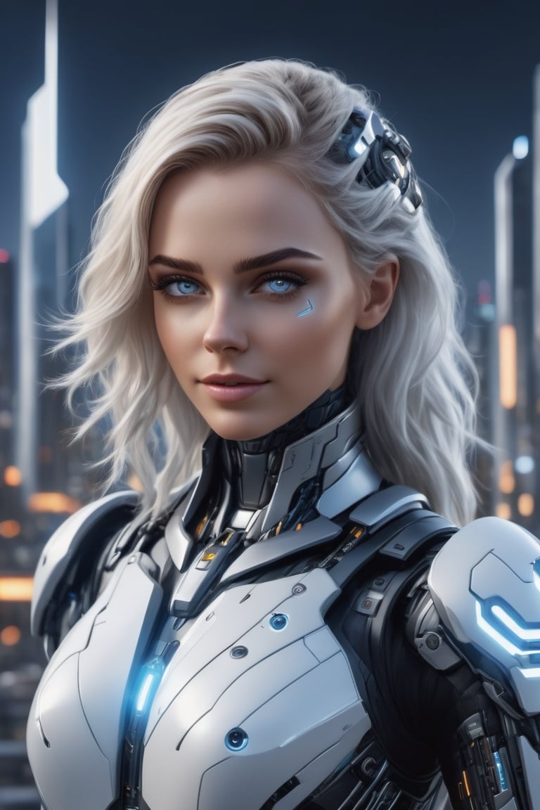 photography, front view of a woman as cyborg, in a high-tech suit, she looks towards the camera, walking towards a city, 
beautiful woman portrait: 8k resolution photorealistic masterpiece: 8k resolution concept art intricately detailed, 1girl, 25 years old, stunning beautiful face, genuin smilelovely face,
long white_hair, young, future city at night background, intricate, sharp focus,  professional, unreal engine, extremly detailed, cinematic lighting, aesthetic, Detailedface, ,cyborg style