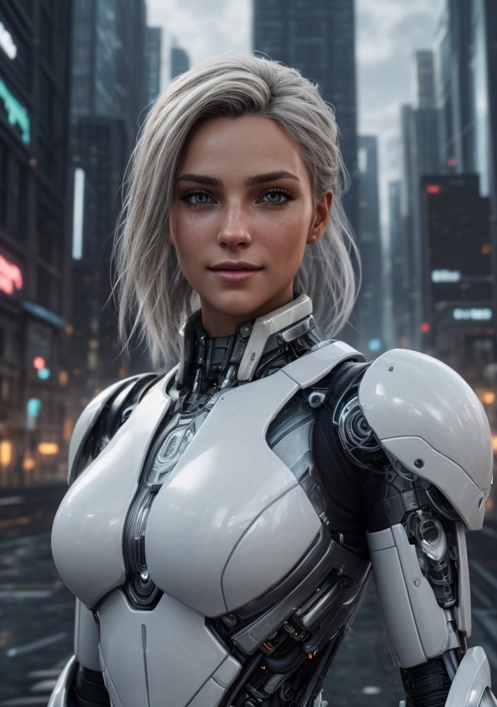 photography, front view of woman in a high-tech metal suit, she looks towards the camera, walking towards a city, 

(perfect athletic body:1.3), (tanned skin:1.3)

beautiful woman portrait: 8k resolution photorealistic masterpiece: 8k resolution concept art intricately detailed, 1girl, 25 years old, stunning beautiful face, genuin smilelovely face,
 young, future city at night background, intricate, sharp focus,  professional, unreal engine, extremly detailed, cinematic lighting, aesthetic, Detailedface, ,cyborg style,Movie Still,photo r3al,detailmaster2