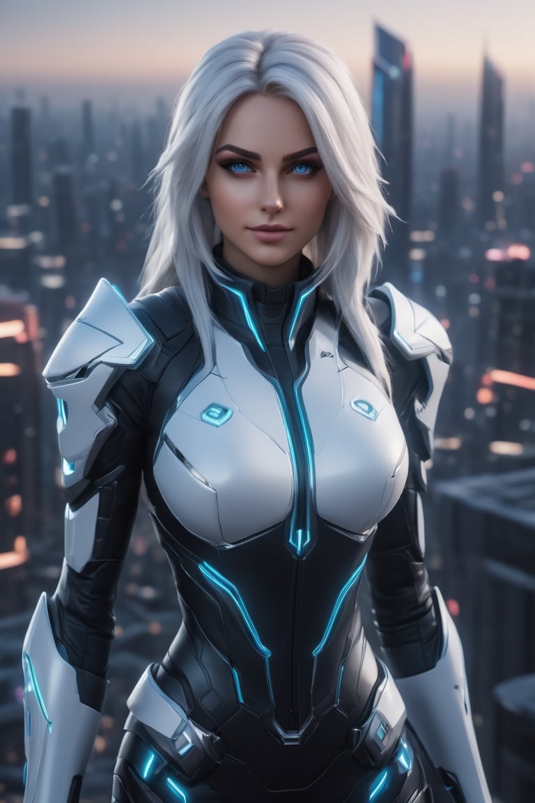 photography, front view of PROJECT Katarina League of Legends character, in a high-tech suit, she looks towards the camera, walking towards a city, 
beautiful woman portrait: 8k resolution photorealistic masterpiece: 8k resolution concept art intricately detailed, 1girl, 25 years old, stunning beautiful face, genuin smilelovely face,
long white_hair, young, future city at night background, intricate, sharp focus,  professional, unreal engine, extremly detailed, cinematic lighting, aesthetic, Detailedface, ,cyborg style,Movie Still,photo r3al