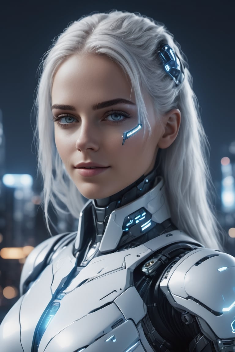 photography, front view of a woman as cyborg, in a high-tech suit, she looks towards the camera, walking towards a city, 
beautiful woman portrait: 8k resolution photorealistic masterpiece: 8k resolution concept art intricately detailed, 1girl, 25 years old, stunning beautiful face, genuin smilelovely face,
long white_hair, young, future city at night background, intricate, sharp focus,  professional, unreal engine, extremly detailed, cinematic lighting, aesthetic, Detailedface, ,cyborg style,Movie Still