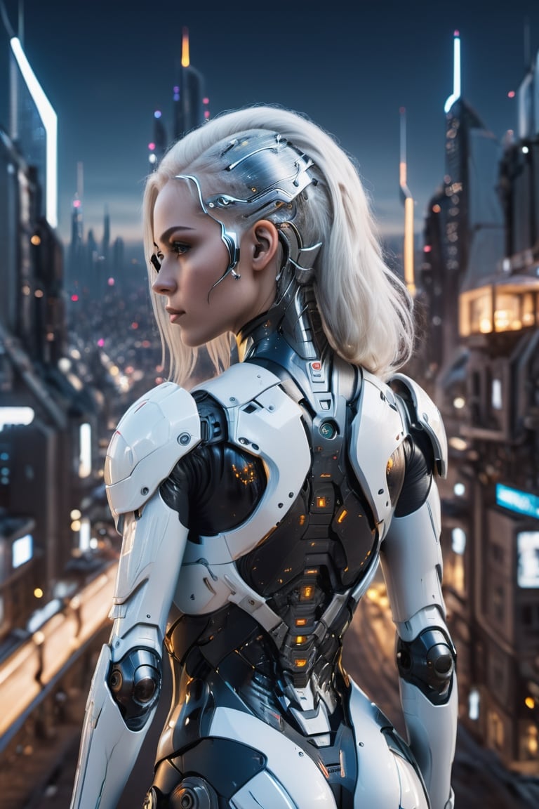 photography, back view of a woman as cyborg, she looks towards the camera, walking towards a city, long white_hair, young, future city at night background, intricate, sharp focus, professional, unreal engine, extremly detailed, cinematic lighting, aesthetic, Detailedface