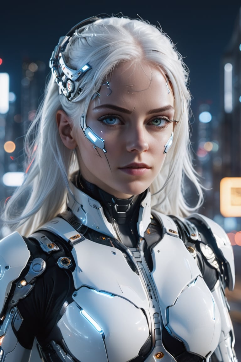 photography, front view of a woman as cyborg, she looks towards the camera, walking towards a city, long white_hair, young, future city at night background, intricate, sharp focus,  professional, unreal engine, extremly detailed, cinematic lighting, aesthetic, Detailedface, 