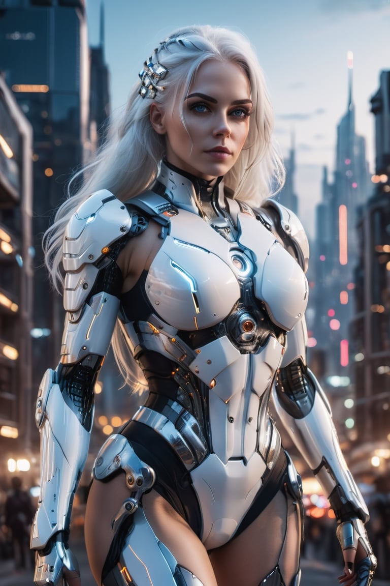 photography, front view of a woman as cyborg, she looks towards the camera, walking towards a city, long white_hair, young, future city at night background, intricate, sharp focus, (perfect huge breast:1.7), professional, unreal engine, extremly detailed, cinematic lighting, aesthetic, Detailedface, 