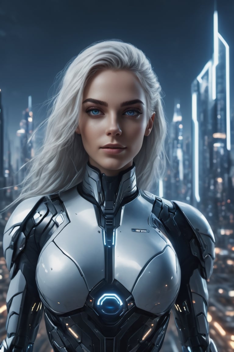 photography, front view of a woman as cyborg, in a high-tech suit, she looks towards the camera, walking towards a city, 
beautiful woman portrait: 8k resolution photorealistic masterpiece: 8k resolution concept art intricately detailed, 1girl, 25 years old, stunning beautiful face, genuin smilelovely face,
long white_hair, young, future city at night background, intricate, sharp focus,  professional, unreal engine, extremly detailed, cinematic lighting, aesthetic, Detailedface, ,cyborg style,Movie Still,lofi,HellAI