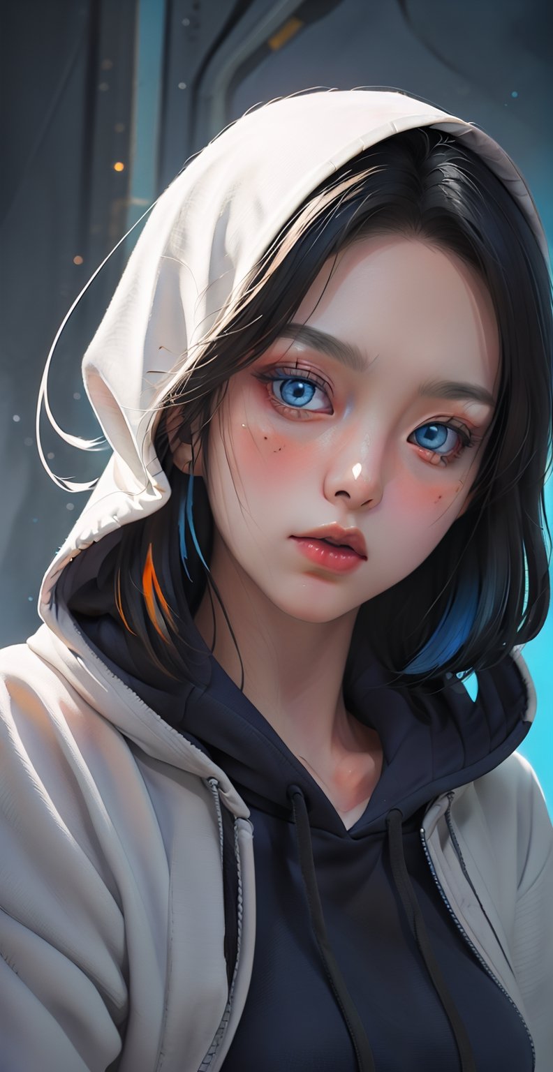 masterpiece, (beautiful and aesthetic:1.5), surrealism, highly detailed, anime, a portrait painting of 1girl, orange and blue color pallet, wearing hoodie hard brush, binary code effect, paintings effect, heavy inking, featured on pixiv, saturated colours, red blue, pixels, hypercube, pixelsort, epic composition, epic proportion, dynamic lighting, HD
