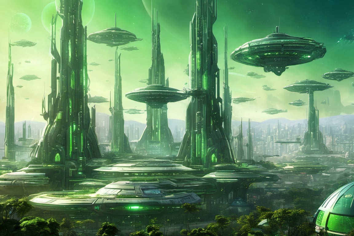  space, high_resolution, high detail , realistic, realism, futuristic, galactic capital city, techno, ancient, mystic, ion_engines, many small space ships in the background, green spires