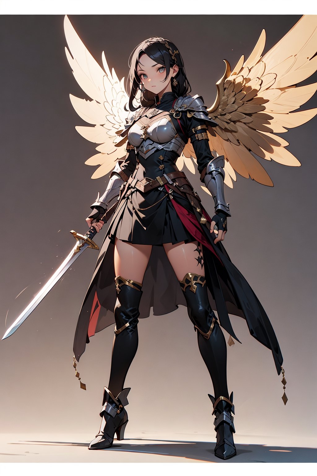 ​master piece,hyper quality, Hyper Detailed,Perfect drawing,nfsw,3D,8K Illustration、clearface、Hi-Res、a very nice fantasy style female warrior with gold wings and sword to protect herself, 1girl, solo, weapon, sword, wings, armor, braid, long hair, gloves, sheath, skirt, holding, looking at viewer, full body, fingerless gloves,nice background、beatiful backgrounds、Detailed drawing、Perfect Beautiful Girl、Perfect Photo