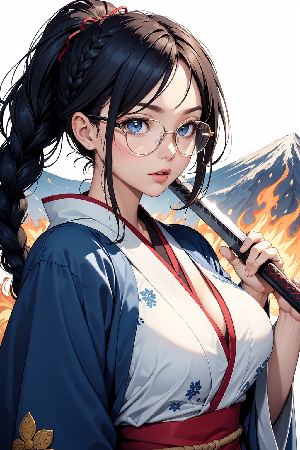 (masterpiece1.5),adult lady,Huge breasts,Solo,(((braid))), Long hair, half-opened mouth,(Red Frame Glasses),(Black hair), (large eyes with double eyelids),(Thick lip),(lofty nose),(((She hold the handle of the sword))),1girl, japanese clothes, weapon, sword, solo, holding, black hair, ((blue kimono)),holding weapon, looking at viewer, blue eyes, ponytail, holding sword, obi, katana, long hair, bangs, parted lips,frame,blue back ground,red cliff,fire,volcano

Nice backgrounds for your subject、beatiful backgrounds、spot light、Vibrant colors、(((Detailed drawing)))、Perfect Beautiful Girl