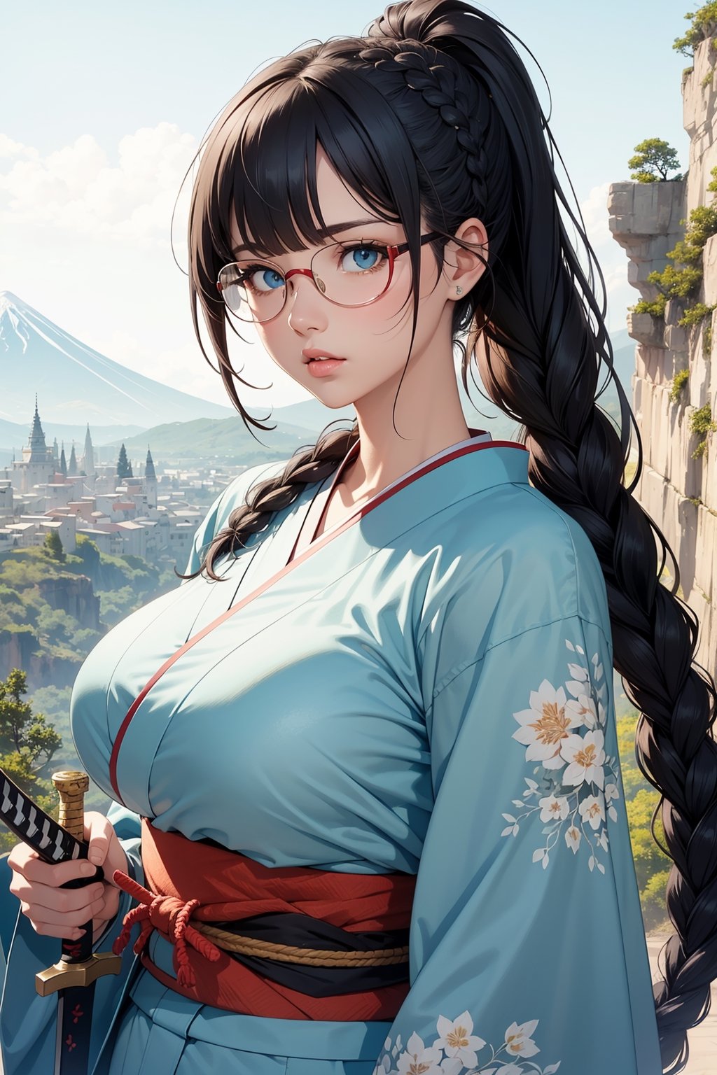 (masterpiece1.5),adult lady,Huge breasts,Solo,(((braid))), Long hair, half-opened mouth,(Red Frame Glasses),(Black hair), (large eyes with double eyelids),(Thick lip),(lofty nose),(((She hold the handle of the sword))),1girl, japanese clothes, weapon, sword, solo, holding, black hair, ((blue kimono)),holding weapon, looking at viewer, blue eyes, ponytail, holding sword, obi, katana, long hair, bangs, parted lips,frame,blue back ground,red cliff,fire,volcano

Nice backgrounds for your subject、beatiful backgrounds、spot light、Vibrant colors、(((Detailed drawing)))、Perfect Beautiful Girl