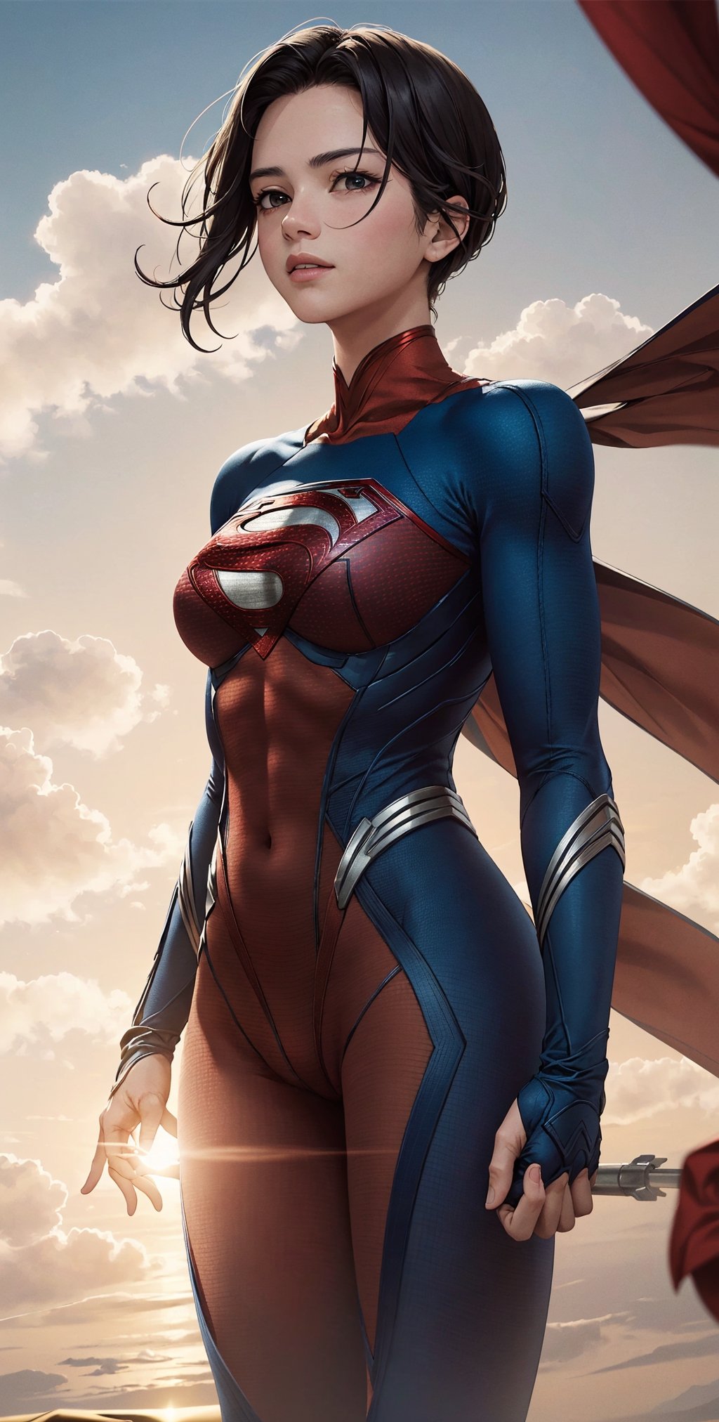 masterpiece,supergirl fly in sky,detailed,detailed face,perfect body,blue sky ,sun shine,cloud,
