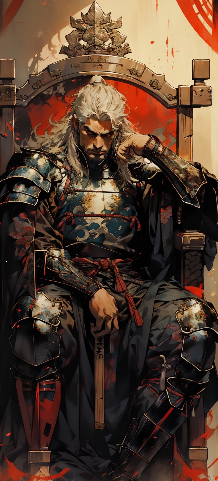 1boy,Fierce and dignified look,red eyes,long beard,shogun,feudal japan,seated on throne,Luminism,1080P,nodf_lora,LINEART, ,knight,1guy,