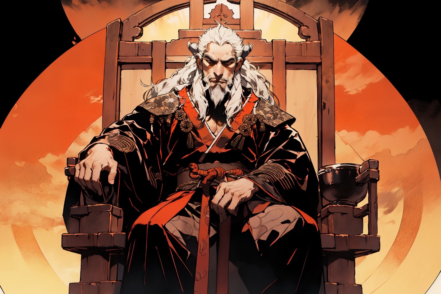 1boy,Fierce and dignified look,blad4,beard,shogun,feudal japan,seated on throne,Luminism,Symmetrical,1080P,nodf_lora,LINEART
