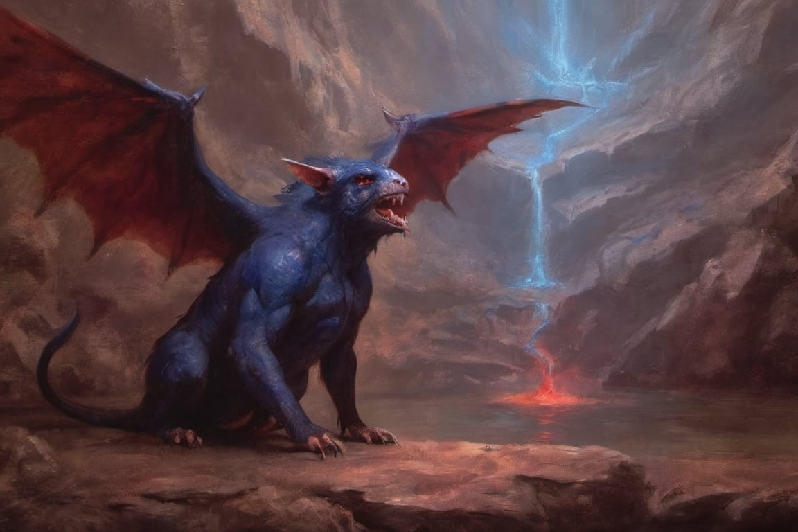 fierce behemoth winged rat-cow-falcon monster mythical in a fantasy subterranean temple deep red and indigo glow on glistening wet rock walls dark chiaroscuro fire temple