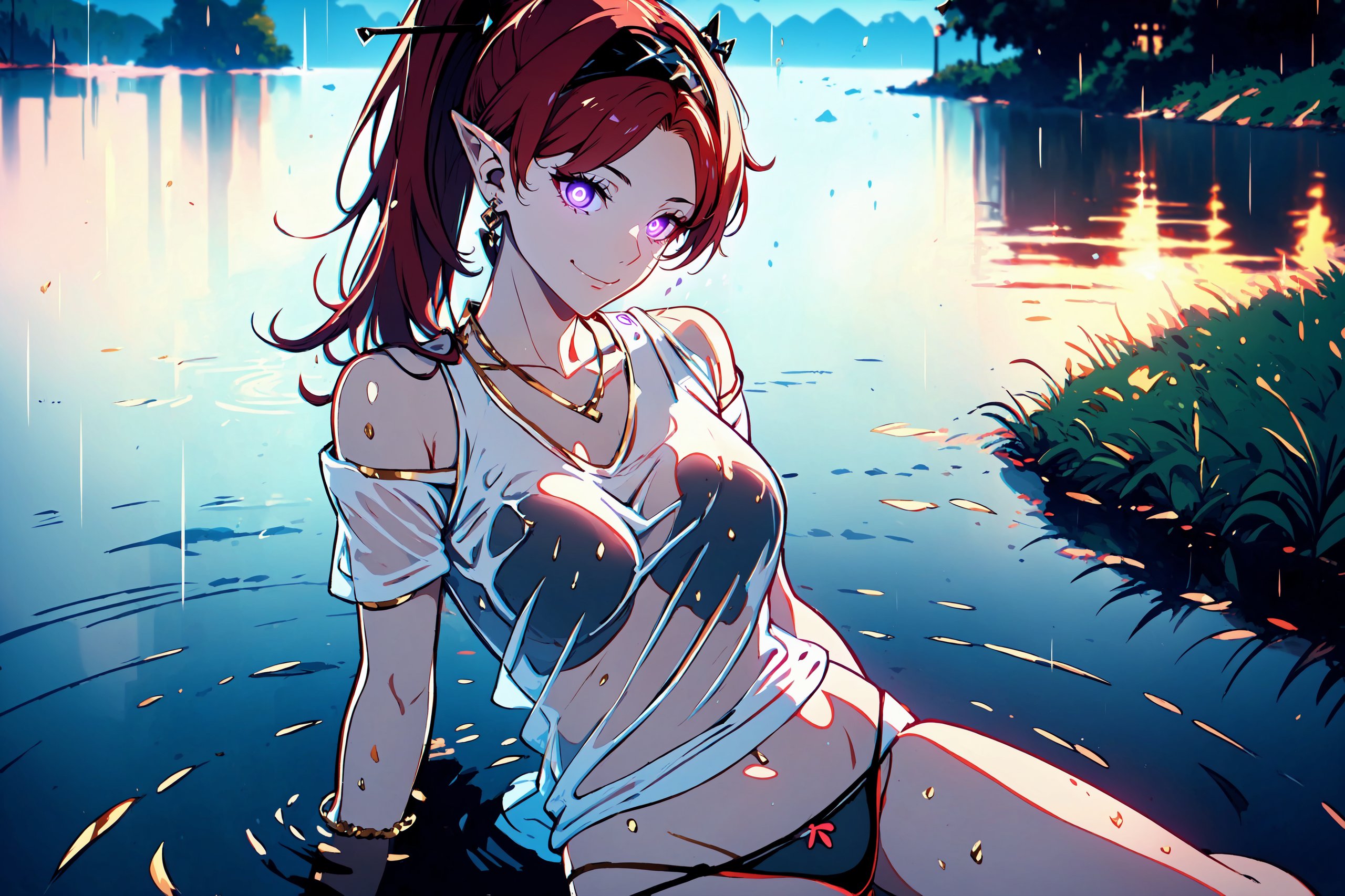 (masterpiece, best quality, highres, photorealistic:1.2), (realistic, realistic skin texture:1.2), (natural skin texture, hyperrealism, sharp:1.2), yinlindef, red hair, long hair, high ponytail hair, hair between eyes, pointy ears, hair ornament, hairband, purple eyes, glowing eyes, saggy breast, deep neckline, (white t-shirt, tight black panties, wet clothes, see through:1.1), earrings, fine gold necklaces, fine gold anklet, bare shoulders, bare belly, bare legs, blur background, deep of field, midnight, rain drop, rgbcolor, distant look, winking smile, looking at viewer, submerged in water, half immersed in water
