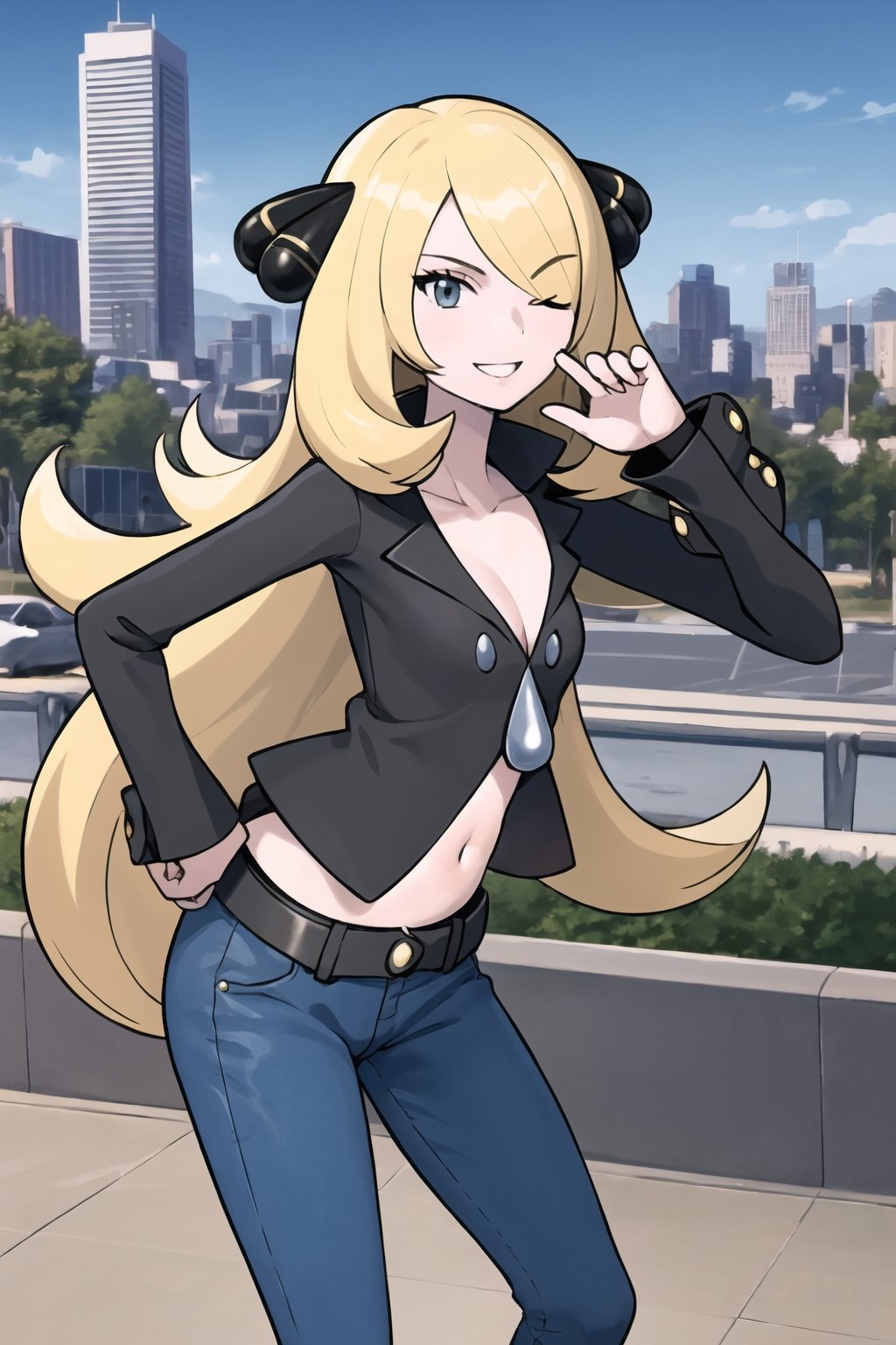 masterpiece, best quality,  defCynthia, 1small teen girl, hair ornament, cleavage, black open jacket, long sleeves, small breast, tits, belly, navel, light blue skinny jeans, black belt, smile, leaning forward, wink, one eye closed, one eye open, cityscape