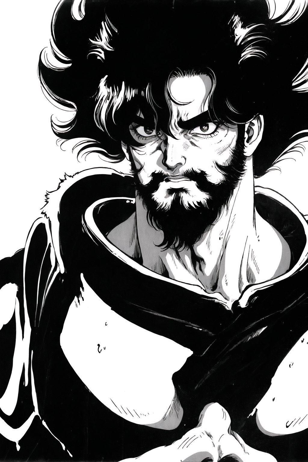 1boy, solo, disheveled hair, black hair, full beard, black shirt, upper body, retro artstyle, 1990s \(style\), urushihara satoshi, monochrome, white background,boichi manga style