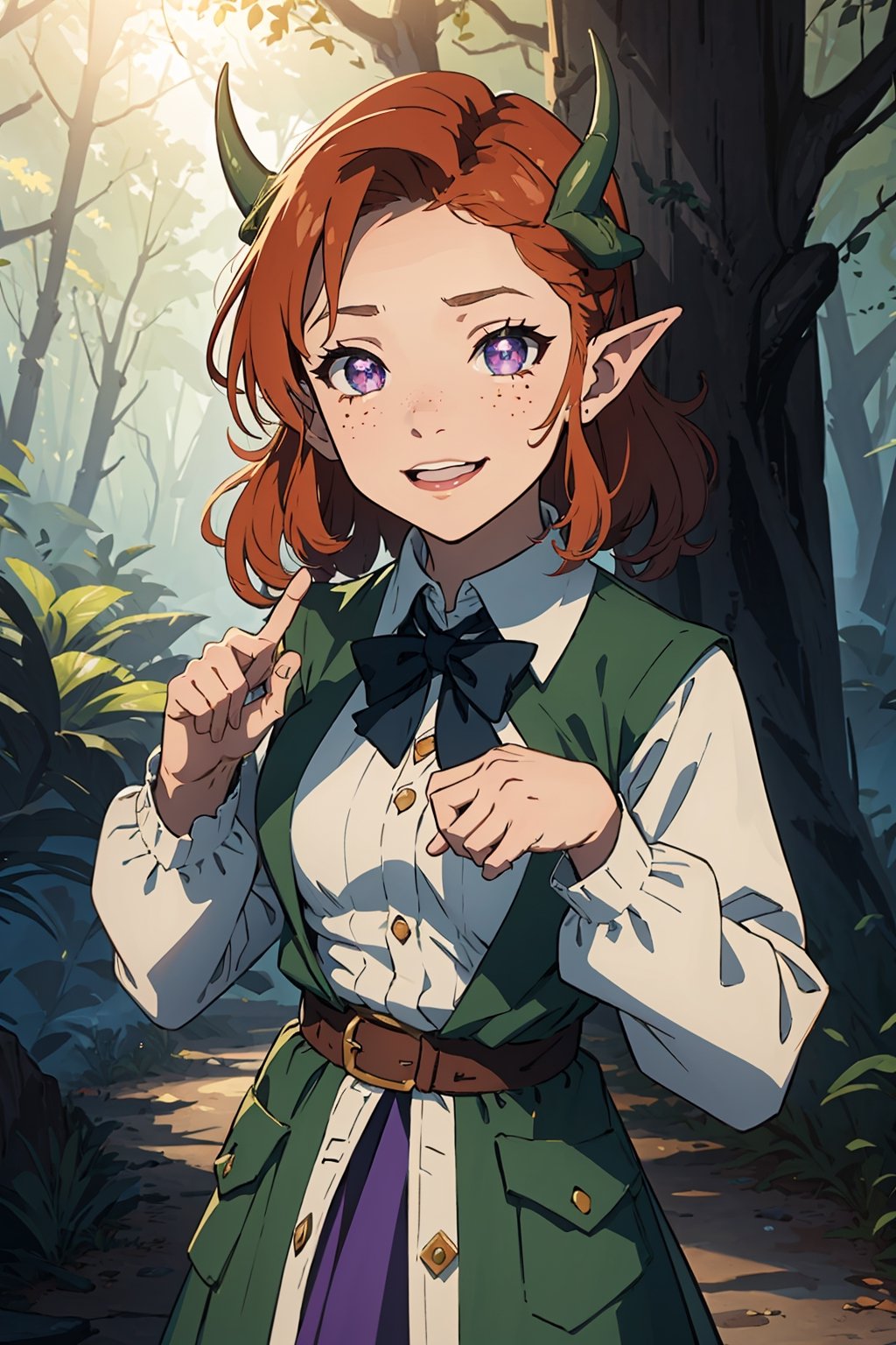 Imagine a female child with short fluffy and messy curly bright orange hair. She has small breasts and is a lolita. Her eyes are a bright shade of green, sparkling with intricate detail and a hit on magic. She has pointed elf ears. She has two short horns on her head. She has an evil smile on her face that shows she's up to no good. She has warm freckles on her face. She wears a white button up long sleeve top and a long purple skirt and long green trench coat with lots of pockets. She is practicing magic that sparkles around her. The background is a charming forest path in the enchanted woods with bright lighting, creating a magical ambiance. This artwork captures the essence of mischief and magic against the backdrop of a beautiful setting. detailed, detail_eyes, detailed_hair, detailed_scenario, detailed_hands, detailed_background, vox machina style