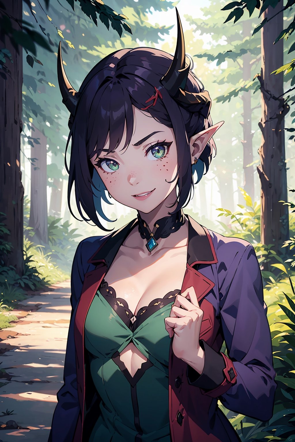 Imagine a female child with short messy bright purple hair in a pixie cut. She has small breasts. Her eyes are a bright shade of green, sparkling with intricate detail and a hit on magic. She has pointed elf ears. She has two short horns on her head. She has an evil smile on her face that shows she's up to no good. She has warm freckles on her face. She wears a long green trench coat with lots of pockets. She is practicing magic that sparkles around her. The background is a charming forest path in the enchanted woods with bright lighting, creating a magical ambiance. This artwork captures the essence of mischief and magic against the backdrop of a beautiful setting. detailed, detail_eyes, detailed_hair, detailed_scenario, detailed_hands, detailed_background, vox machina style,vox machina style,