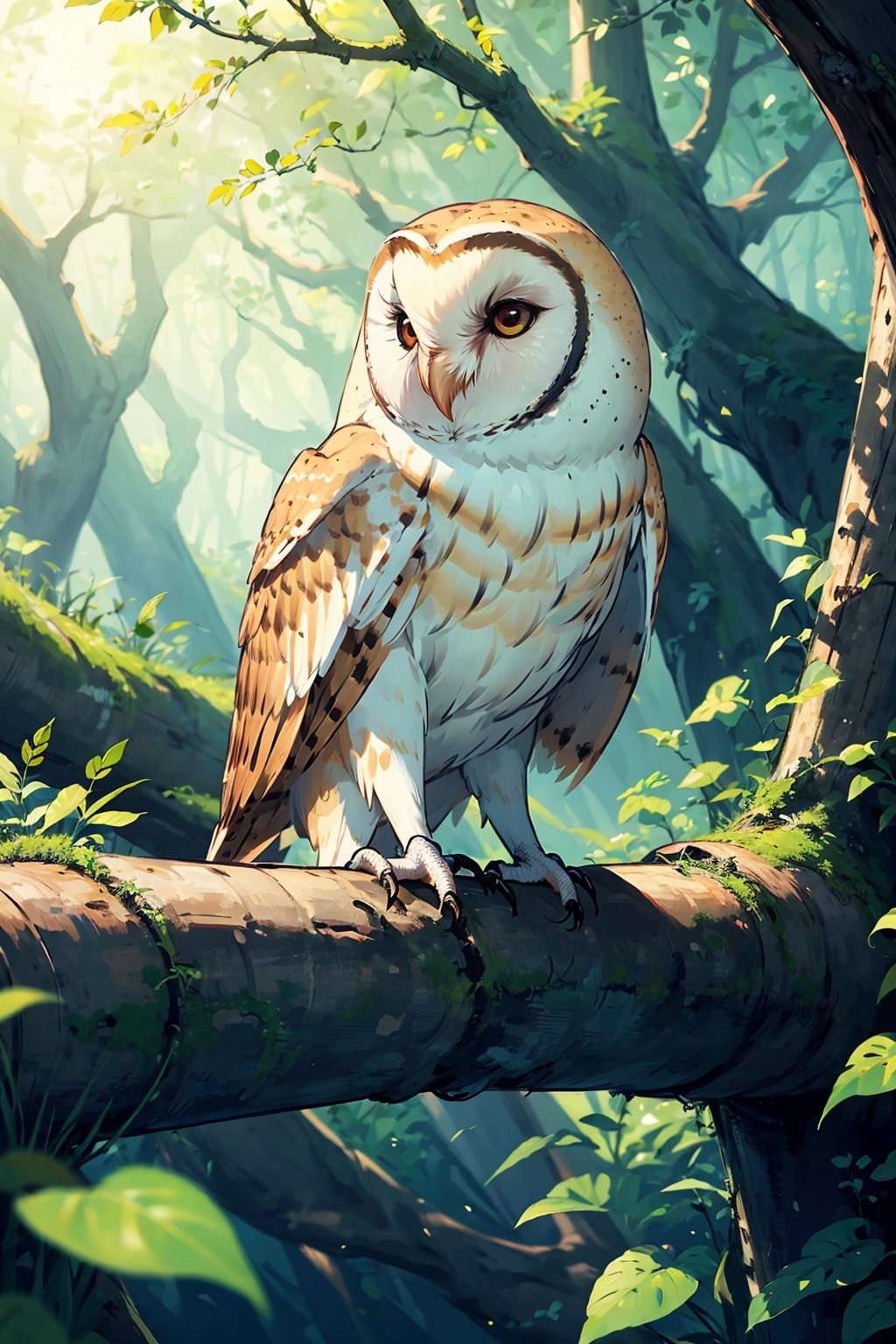 Barn owl, one subject, magical forest,