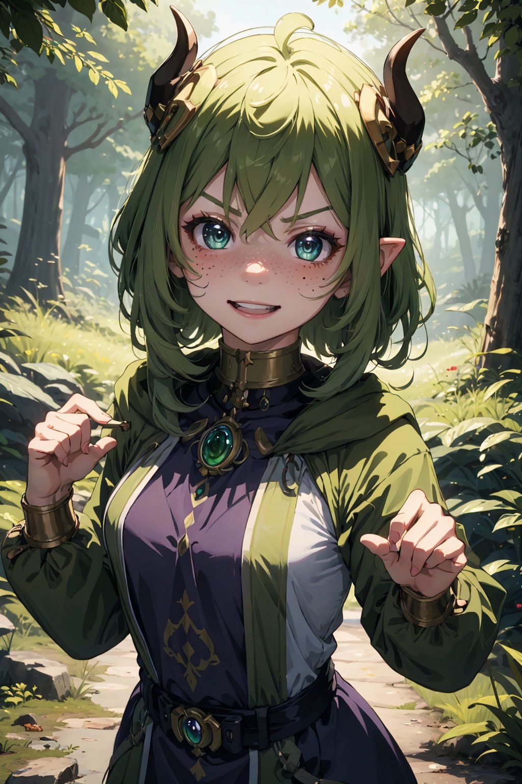 Imagine a female child with short messy vibrant purple hair in a short hair cut. She has small breasts. She has bright green eyes. She has pointed elf ears. She has two short horns on her head. She has a scheming smile. angry eyebrows. big smile. dragon eyes. She has warm freckles on her face. She wears a long green trench coat. The background is a charming forest path in the enchanted woods with bright lighting, creating a magical ambiance. This artwork captures the essence of mischief and magic against the backdrop of a beautiful setting. detailed, detail_eyes, detailed_hair, detailed_scenario, detailed_hands, detailed_background, flat chest,