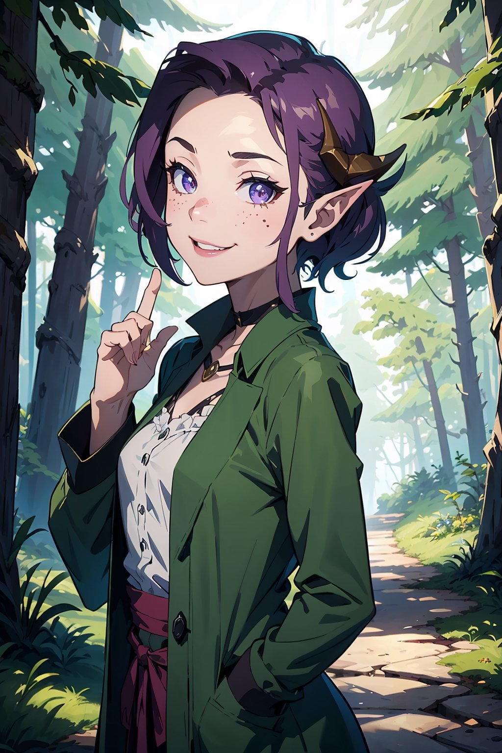 Imagine a female child with short messy bright purple hair in a pixie cut. She has small breasts and is a lolita. Her eyes are a bright shade of green, sparkling with intricate detail and a hit on magic. She has pointed elf ears. She has two short horns on her head. She has an evil smile on her face that shows she's up to no good. She has warm freckles on her face. She wears a long green trench coat with lots of pockets. She is practicing magic that sparkles around her. The background is a charming forest path in the enchanted woods with bright lighting, creating a magical ambiance. This artwork captures the essence of mischief and magic against the backdrop of a beautiful setting. detailed, detail_eyes, detailed_hair, detailed_scenario, detailed_hands, detailed_background, vox machina style,vox machina style,fantai12