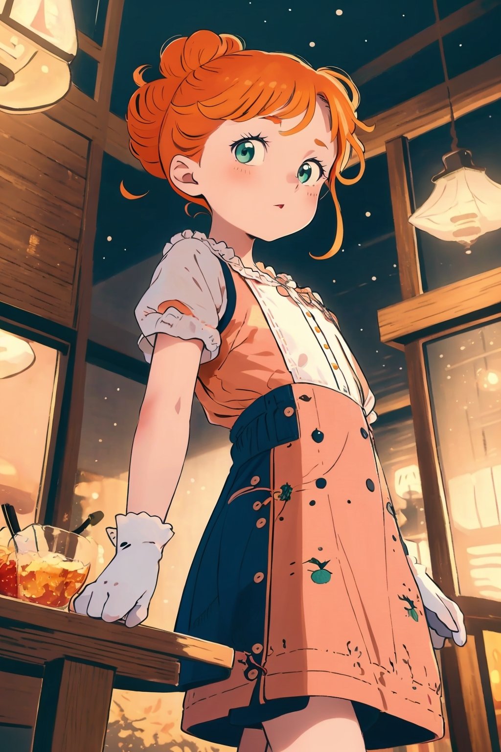 Imagine an adorable girl with wild short curly orange hair tied. Her eyes are a vivid, intense shade of green, sparkling with intricate detail. She has a warm, tanned complexion that adds to her charm. She wears a lovely pink dress with a delicate, cute touch, and her hands are adorned with white silk gloves. The background is a charming bar scene with dim lighting, creating a cozy ambiance. This artwork captures the essence of innocence and cuteness against the backdrop of a beautiful yet dimly lit setting, detailed, detail_eyes, detailed_hair, detailed_scenario, detailed_hands, detailed_background.