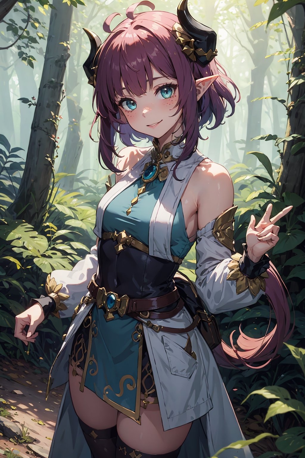 Imagine a female child with short messy vibrant purple hair in a short hair cut. She has small breasts. She has bright green eyes. She has pointed elf ears. She has two short horns on her head. She has an evil smile on her face that shows she's up to no good. She has warm freckles on her face. She wears a modest outfit with a long green trench coat with lots of pockets. She is practicing magic that sparkles around her. The background is a charming forest path in the enchanted woods with bright lighting, creating a magical ambiance. This artwork captures the essence of mischief and magic against the backdrop of a beautiful setting. detailed, detail_eyes, detailed_hair, detailed_scenario, detailed_hands, detailed_background, vox machina style,vox machina style,oil impasto, flat chest.,,niloudef,